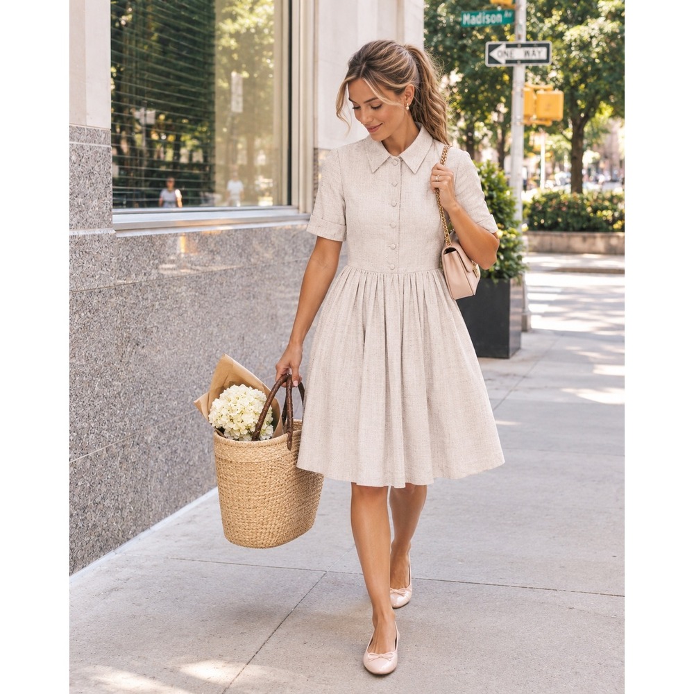 Gal Meets Glam Shirtdress Womens 6 Beige Excellent Fit & Flare Textured Pleated